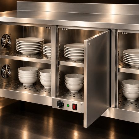Kệ inox đục lỗ bên trong quầy giữ nóng chén đĩa Hà Tiên