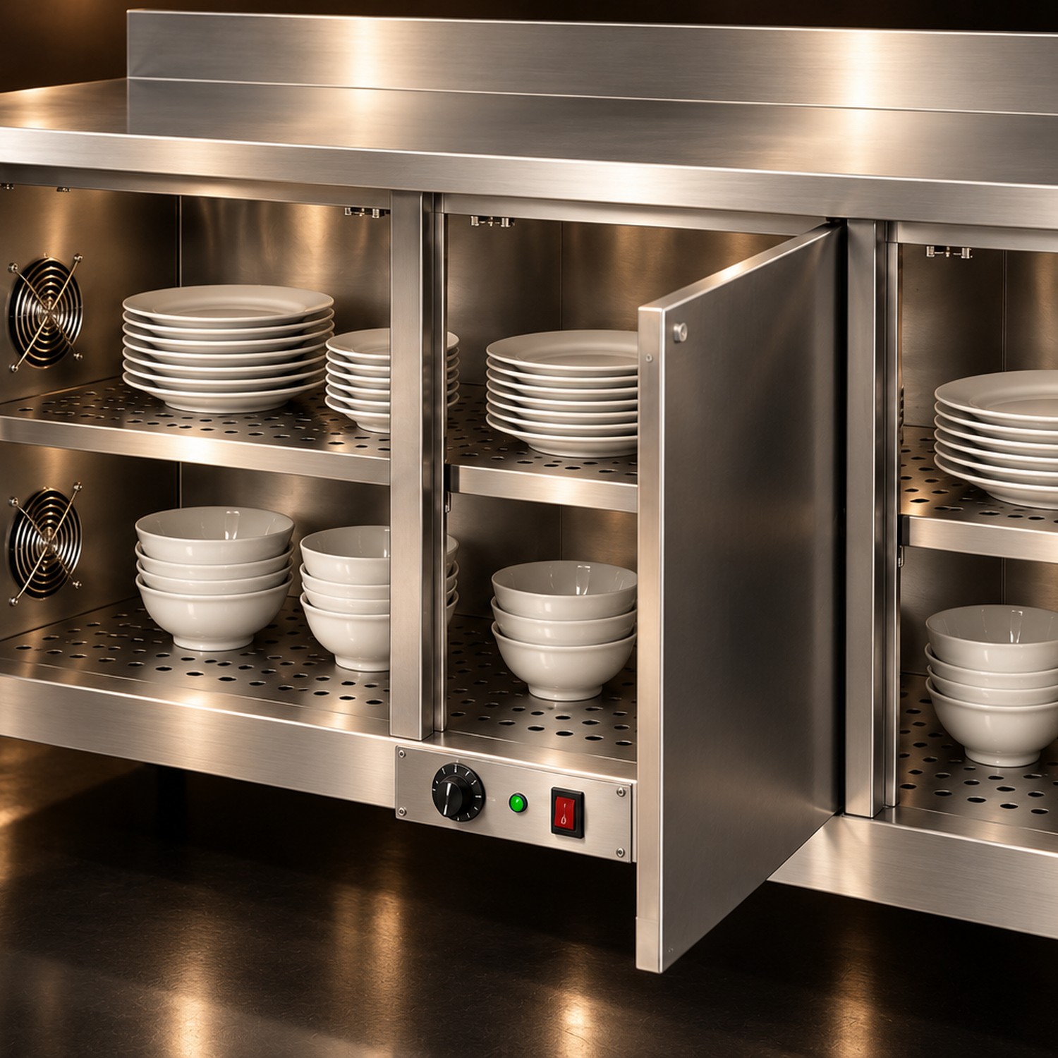Kệ inox đục lỗ bên trong quầy giữ nóng chén đĩa Hà Tiên