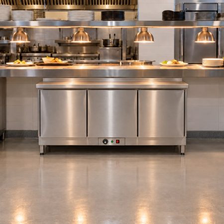 Quầy giữ nóng chén đĩa đặt tại khu ra món của bếp nhà hàng
