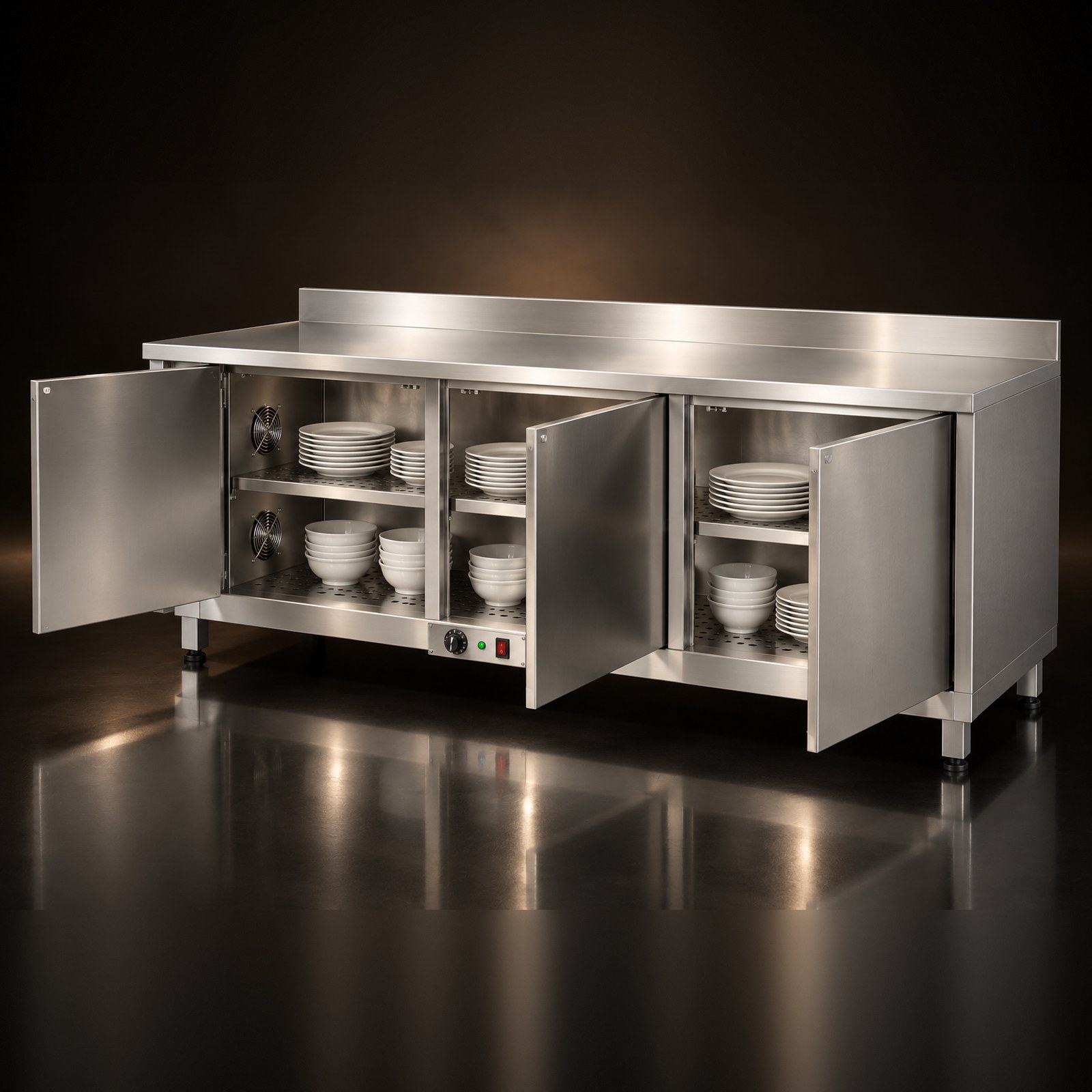 Quầy giữ nóng chén đĩa mở ba cửa, kệ inox đục lỗ xếp được nhiều chồng đĩa