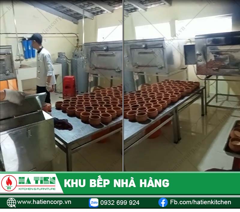 Lò nướng cơm niêu chuyên dụng và bàn inox tại nhà hàng Như Ngọc Đà Lạt