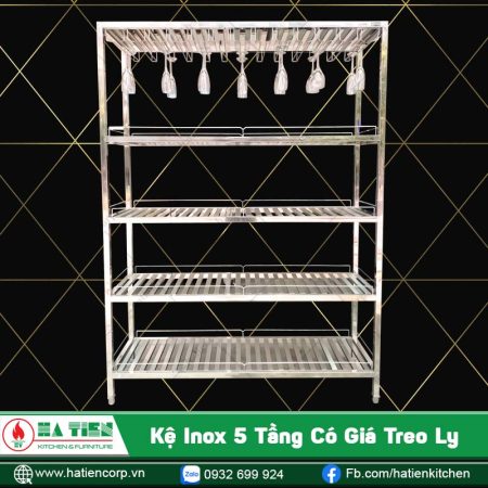 kệ inox 5 tầng có giá treo ly rượu vang