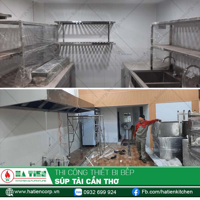 Hình ảnh đội ngũ nhân viên của Hatiencorp đang thi công các thiết bị bếp