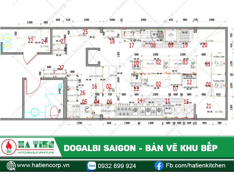 Bản vẽ - bố trí thiết bị khu vực bếp chính