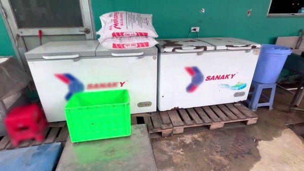 Khu trữ lạnh bếp ăn công nghiệp: tủ đông nắp trên kê ngoài trời trên pallet gỗ