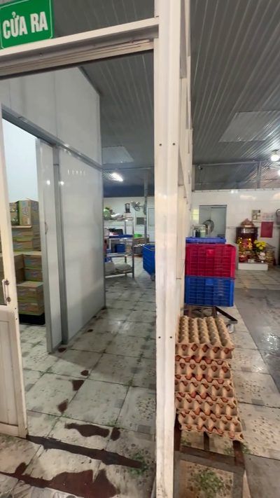 Cửa treo bảng Cửa ra tại bếp ăn công nghiệp, sàn ướt và khay trứng xếp sát lối đi