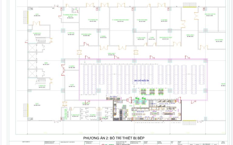 Bản vẽ phương án bố trí khu bếp, khu chia suất và phòng ăn 380 chỗ cho bếp ăn công nghiệp 1.000 suất