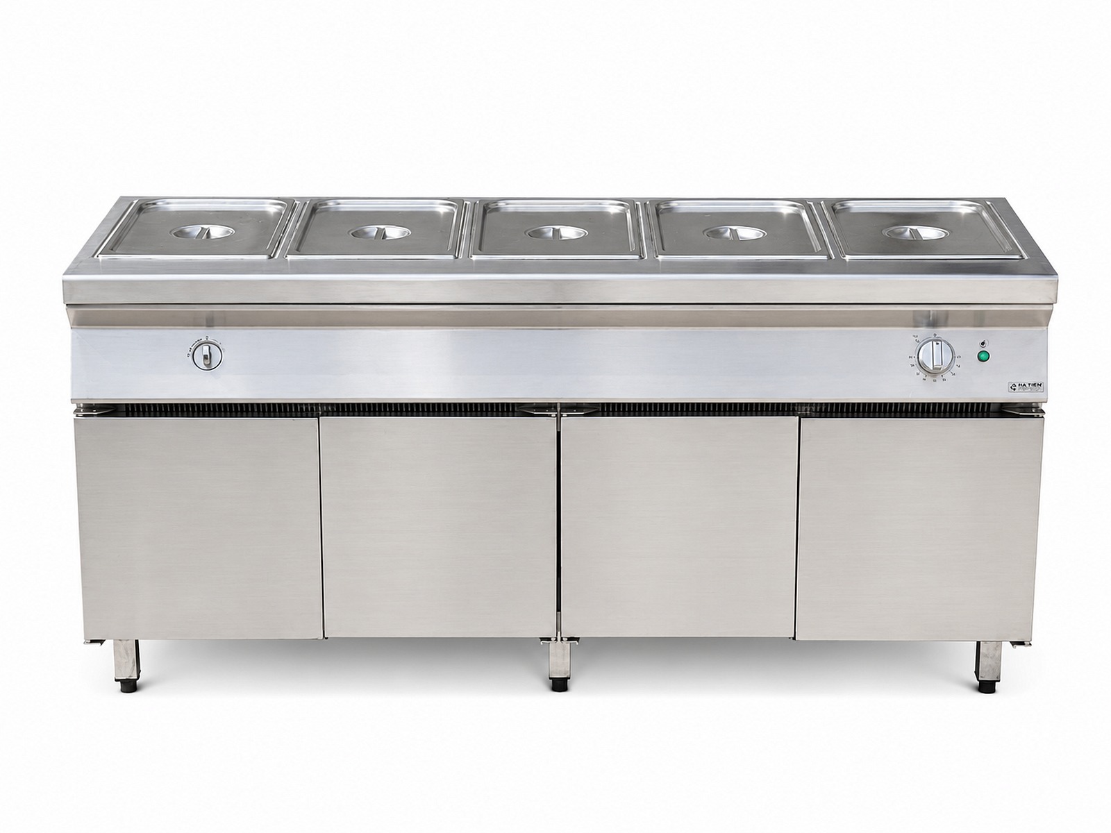 Quầy giữ nóng 5 khay HT_QSE-18 nhìn chính diện, ổ khoá bên trái và núm vặn chỉnh nhiệt bên phải