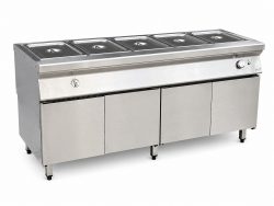 Quầy giữ nóng 5 khay HT_QSE-18 nhìn chếch từ phải, thấy rõ năm hốc khay trên mặt quầy