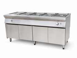 Quầy giữ nóng thức ăn 5 khay HT_QSE-18 dài 1800mm, nhìn chếch từ trái, dùng cho căng tin và quán ăn
