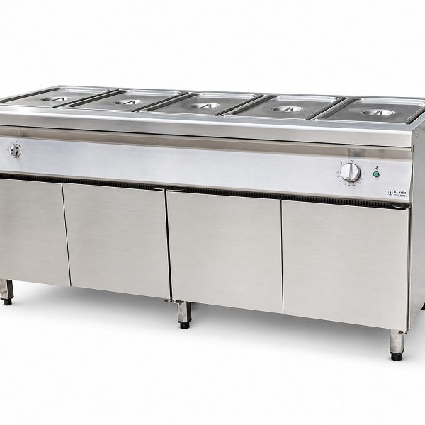 Quầy giữ nóng 5 khay Hà Tiên đặt tại khu ra món, giữ nóng suất ăn trước khi phục vụ