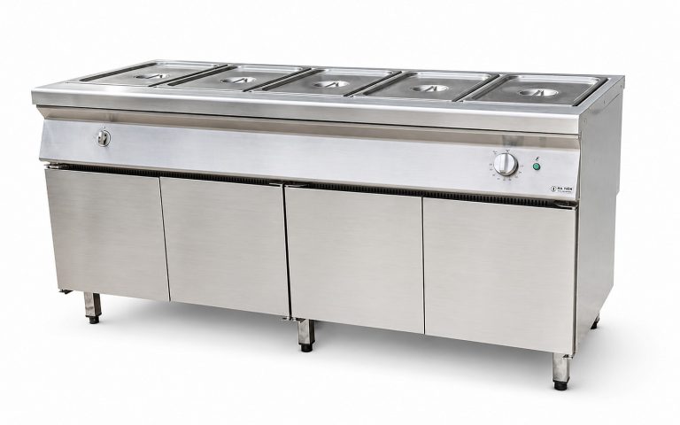 Quầy giữ nóng thức ăn 5 khay HT_QSE-18 dài 1800mm, nhìn chếch từ trái, dùng cho căng tin và quán ăn