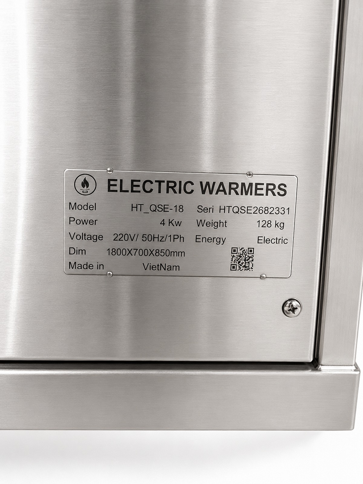 Tem máy quầy giữ nóng HT_QSE-18: công suất 4kW, 220V 50Hz 1 pha, 1800x700x850mm, 128kg, sản xuất tại Việt Nam