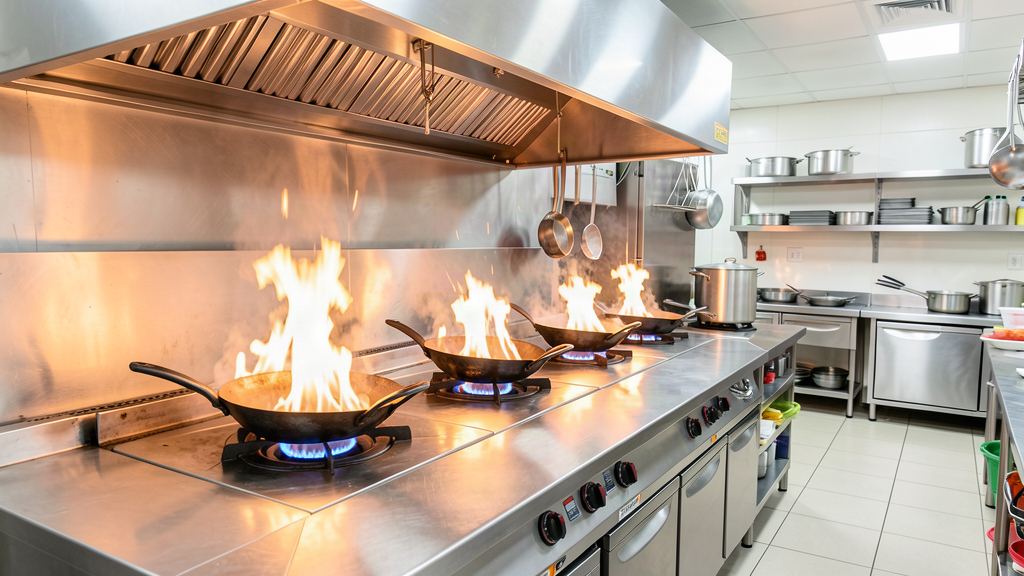 Bếp nhà hàng chuyên nghiệp với dàn bếp gas và thiết bị inox cho chuỗi nhà hàng