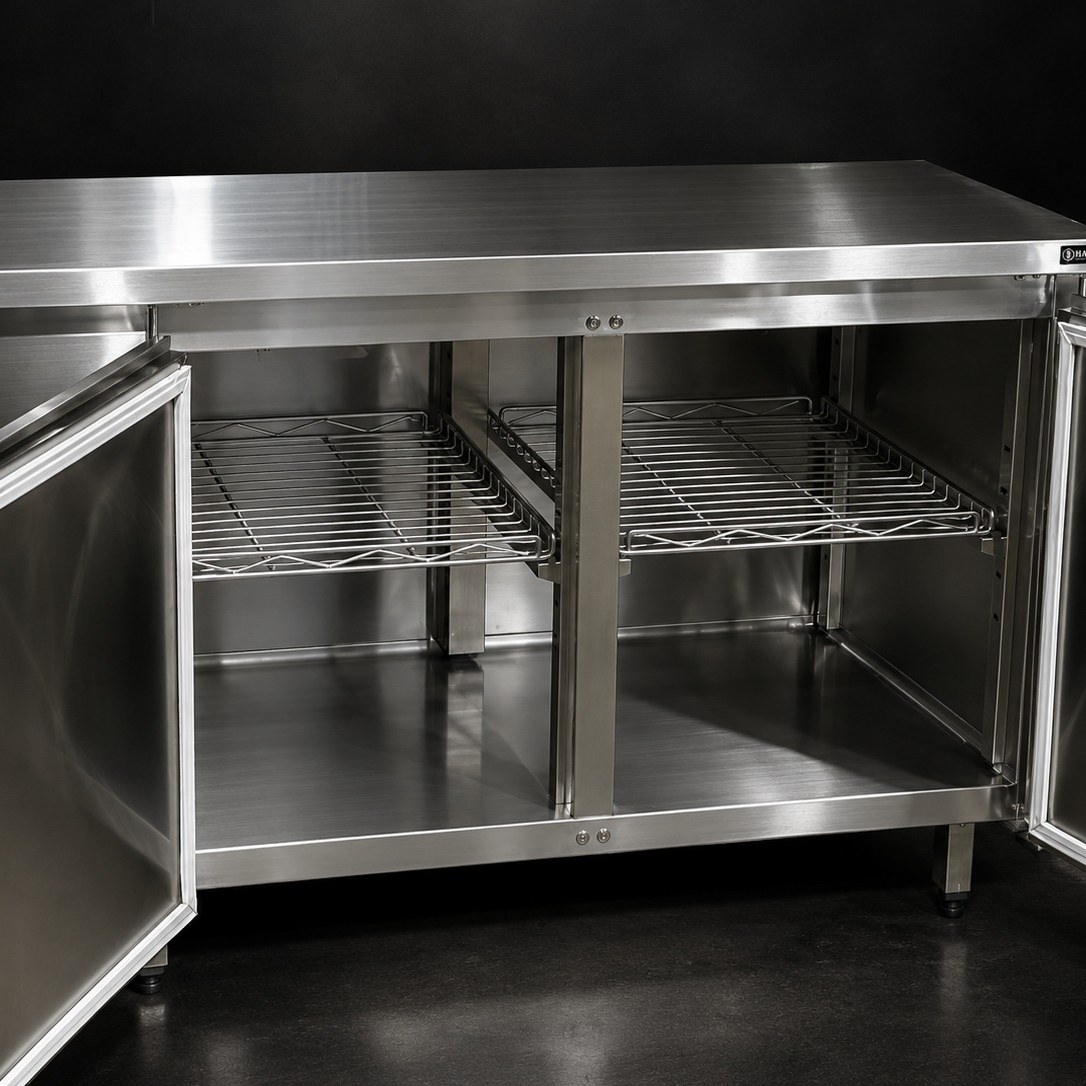 Quầy giữ nóng chén đĩa mở cửa, kệ lưới inox xếp được nhiều chồng đĩa