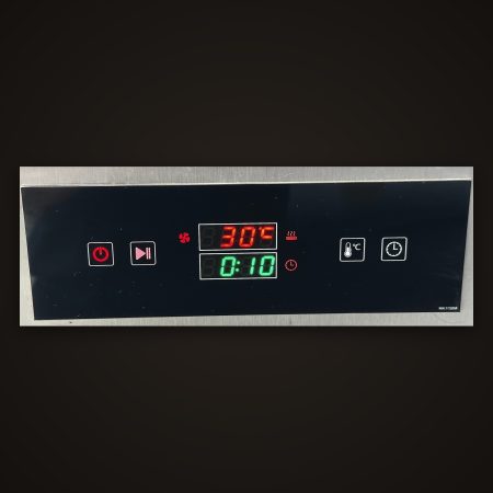 Bảng điều khiển tủ sấy chén đĩa Hà Tiên: LED đỏ hiển thị nhiệt độ, LED xanh lá hiển thị thời gian