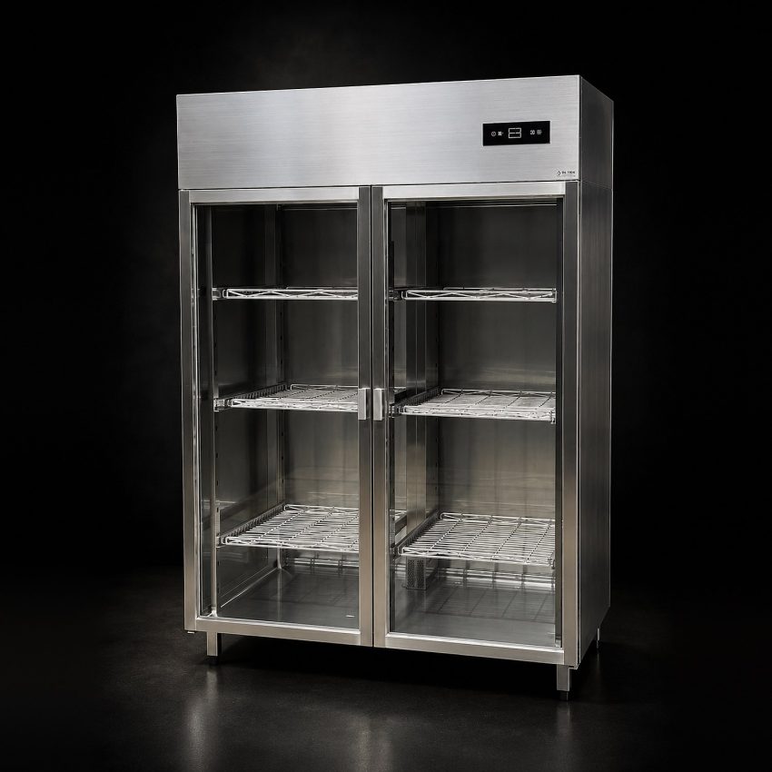 Tủ sấy chén đĩa inox Hà Tiên nhìn chéo từ bên phải, 2 cửa kính, mỗi khoang 3 tầng kệ lưới
