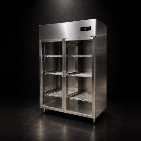 Tủ sấy chén đĩa công nghiệp inox 2 cửa kính Hà Tiên, góc nghiêng, bảng điều khiển ở đầu tủ
