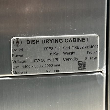 Tem thông số tủ sấy chén đĩa Hà Tiên model TSE8-14: 8 kW, 196 kg, 6 khay, 1400 x 850 x 2050 mm