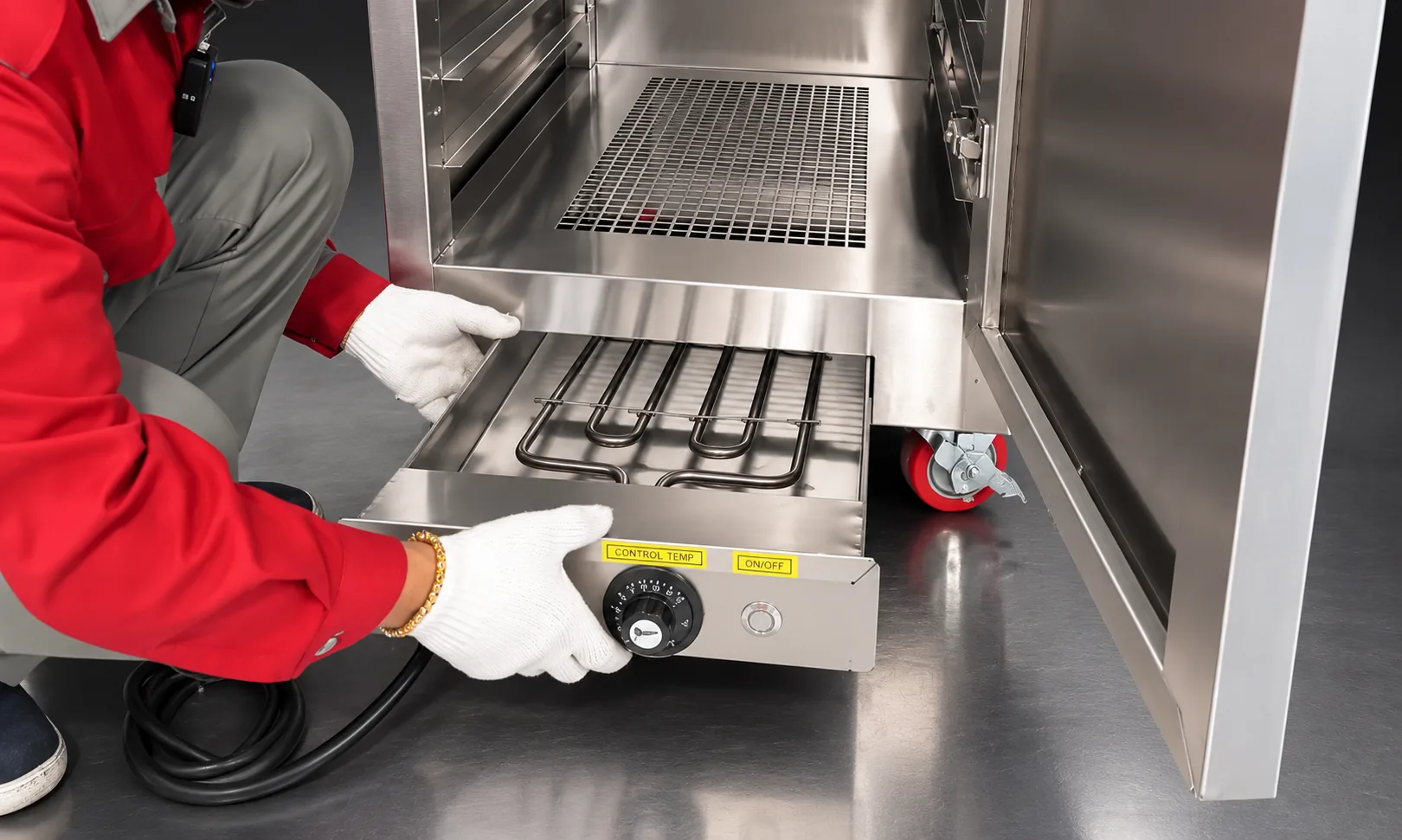 Núm chỉnh nhiệt độ và cụm điện trở ở đáy tủ sấy thực phẩm 22 khay