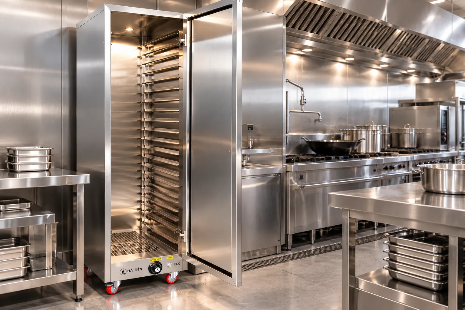 Tủ sấy thực phẩm công nghiệp 22 khay đặt trong khu bếp inox